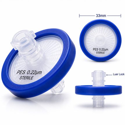 0.22μm PES syringe filter showing its 33mm diameter and Luer-lock connector