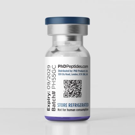 GHK-CU 100mg vial rear label showing batch PH55GC, expiry September 2029 and QR code