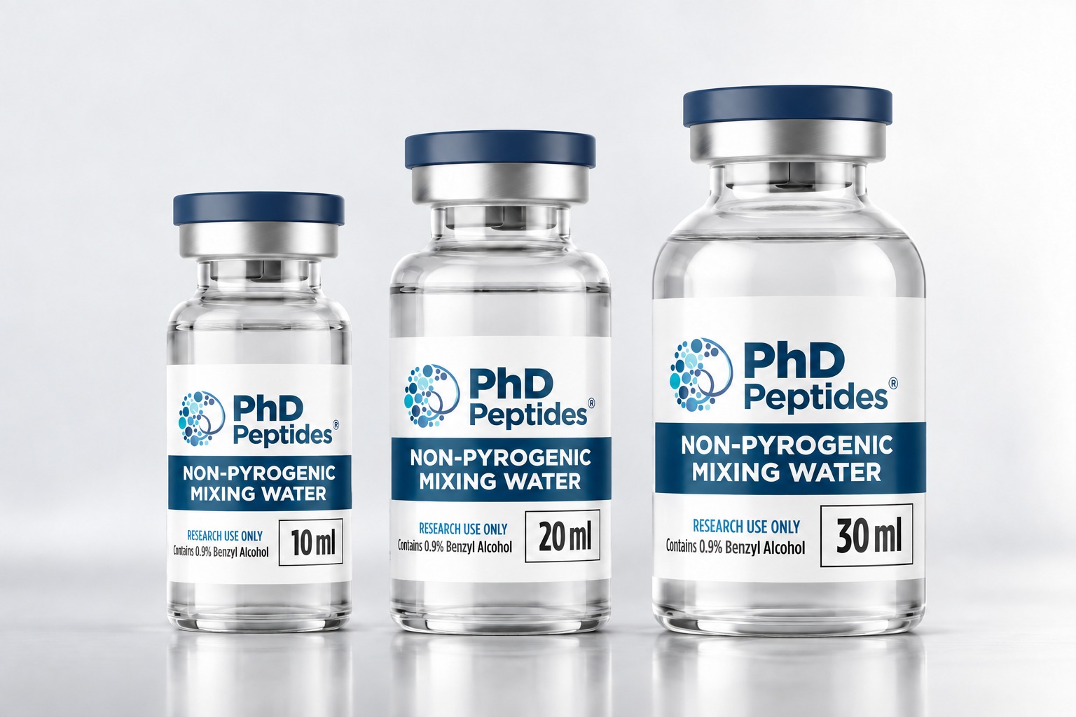 PhD Peptides 10 ml, 20 ml and 30 ml bacteriostatic water vials