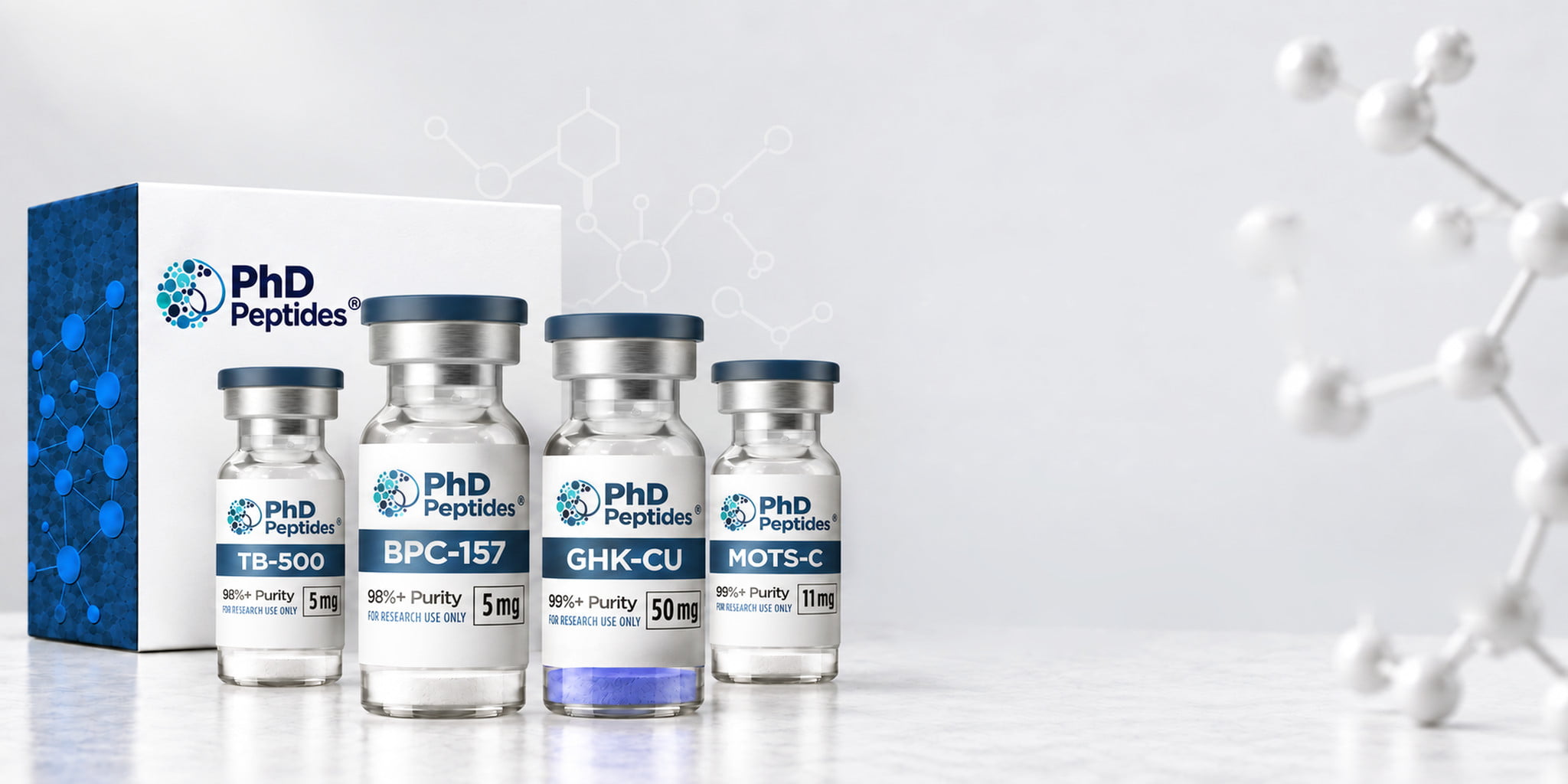 PhD Peptides box and four research peptide vials