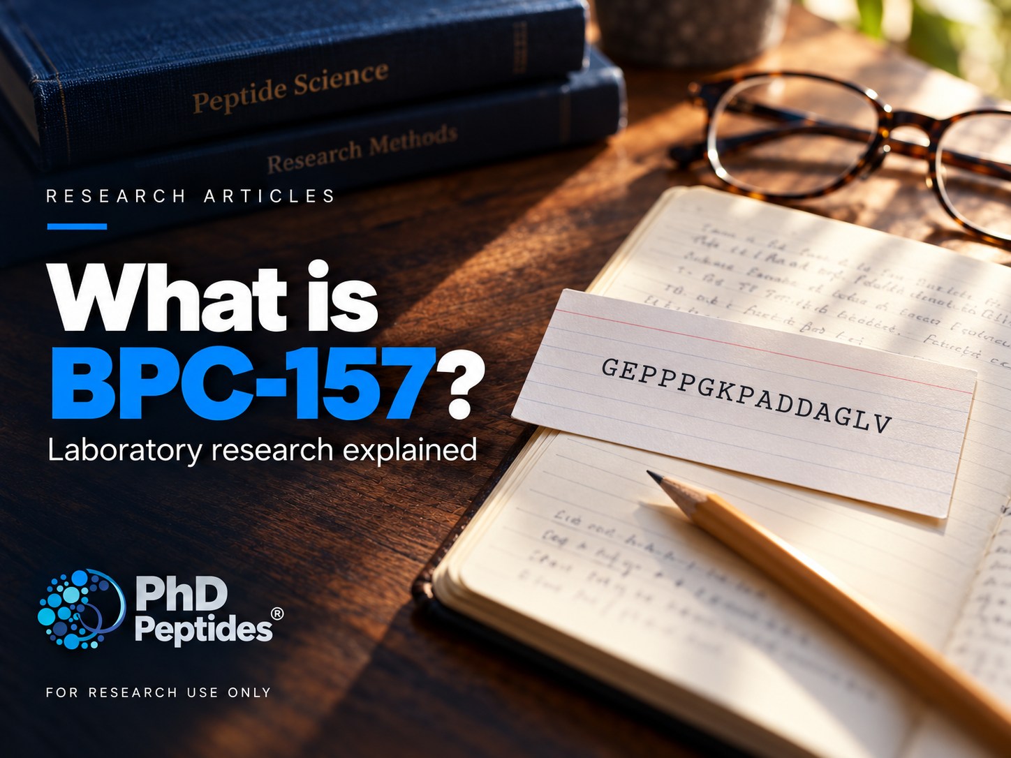 BPC-157 Einband des Forschungsleitfadens mit der Aminosäuresequenz auf einer wissenschaftlichen Referenzkarte und einem Notizbuch.