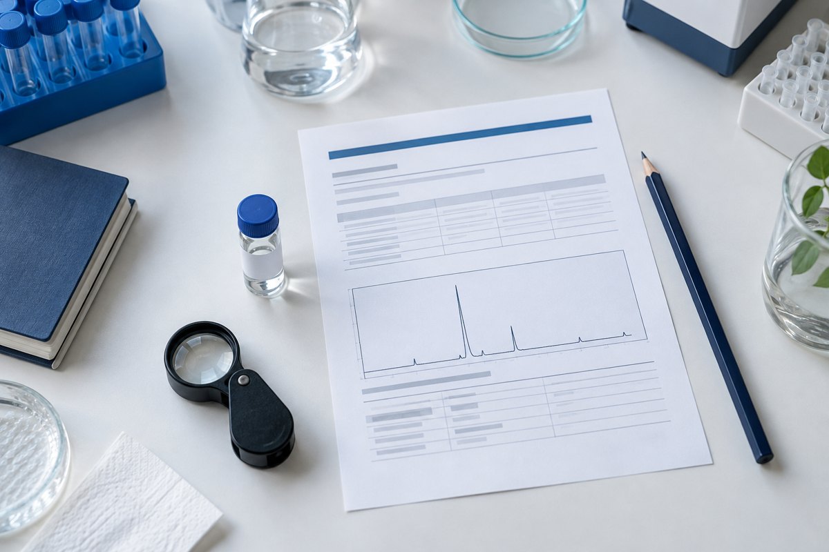 Editorial illustration: a sample vial, report-style paper and magnifying loupe on a laboratory desk.
