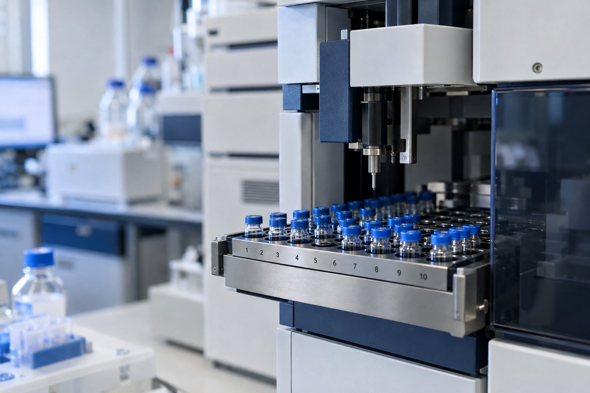 Editorial illustration: capped glass sample vials in the tray of a chromatography autosampler.