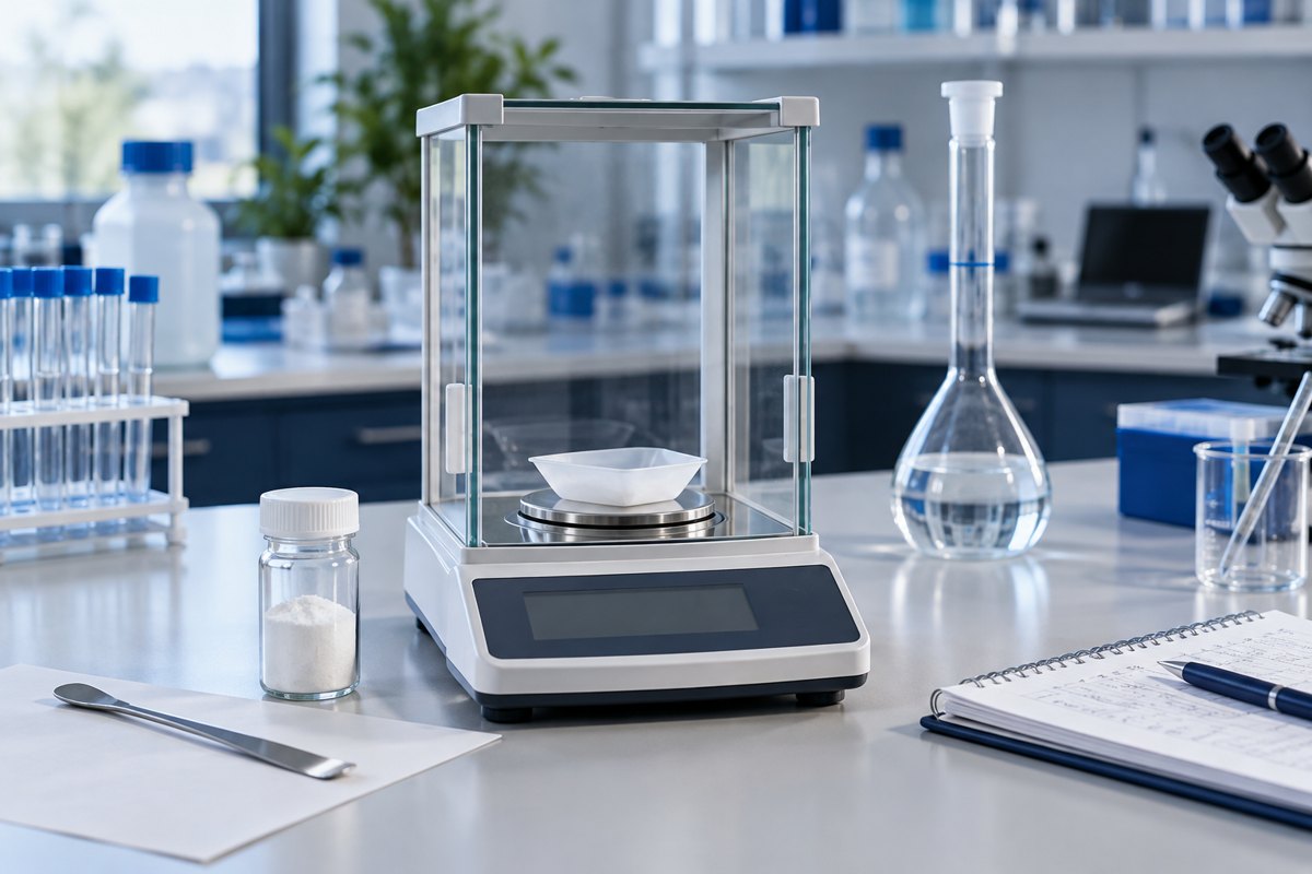 Editorial illustration: an analytical balance with a weighing boat beside a sample vial and glass flask.