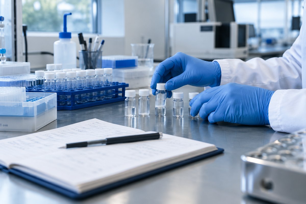Editorial illustration: blue-gloved hands arranging sample vials beside a laboratory notebook.