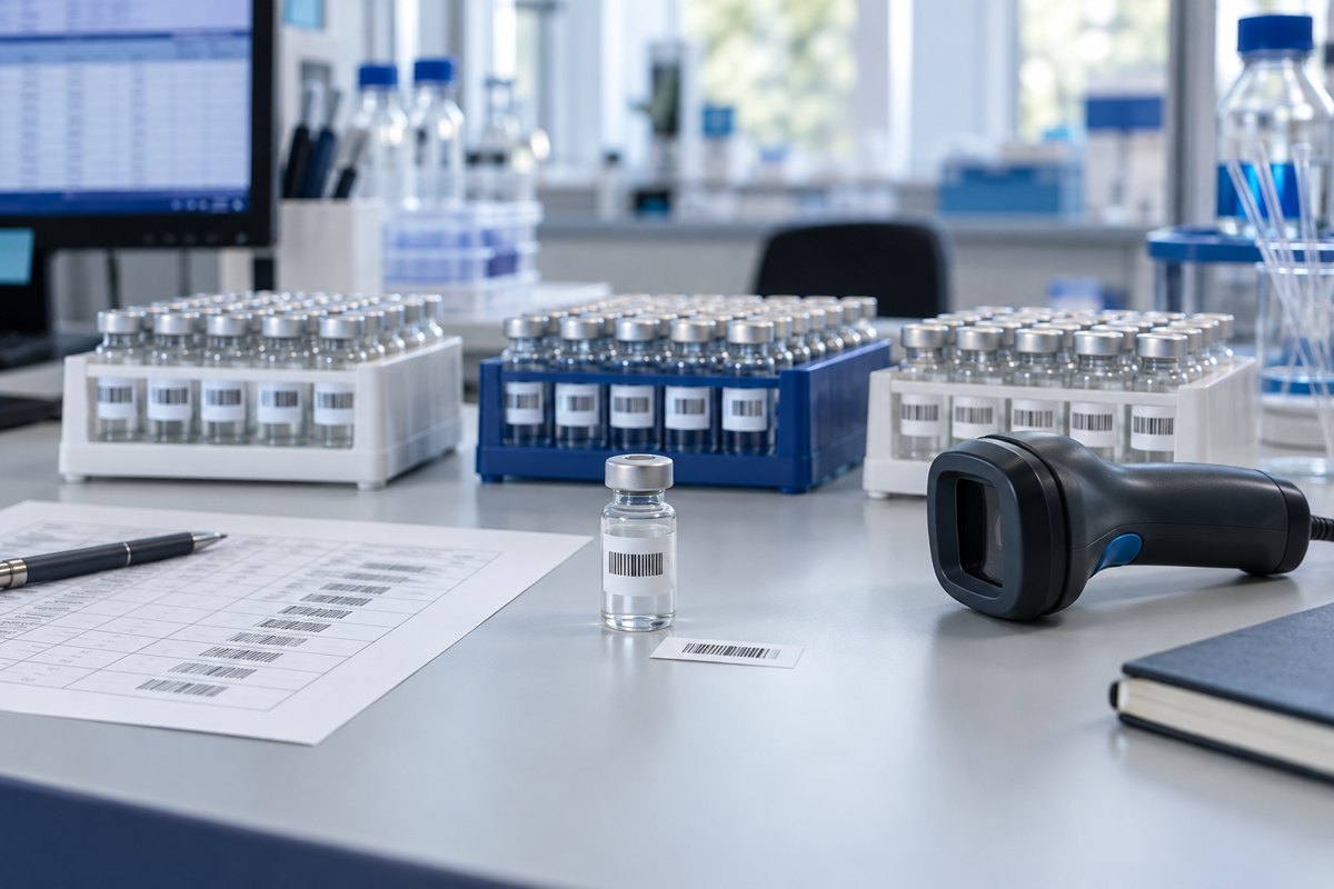 Editorial illustration: sample racks, labels, a record sheet and a barcode scanner on a laboratory bench.