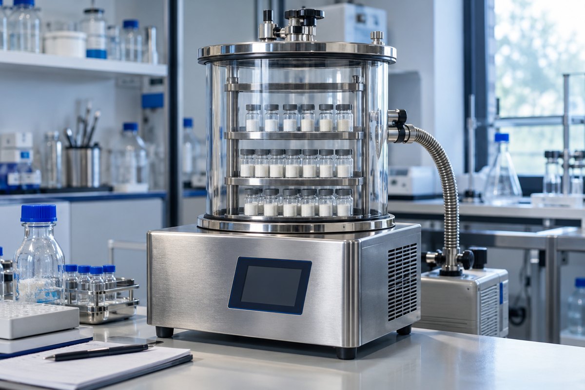 Editorial illustration: laboratory freeze-drying equipment with sample vials inside a glass chamber.