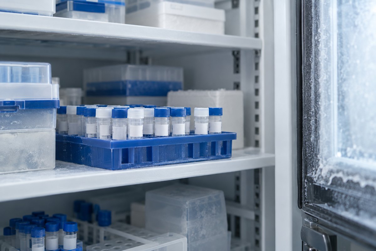 Editorial illustration: capped sample vials arranged in racks inside a laboratory cold-storage cabinet.