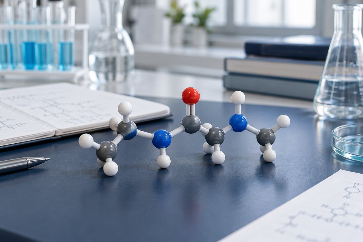 Editorial illustration: a generic ball-and-stick molecular teaching model on a laboratory work surface.