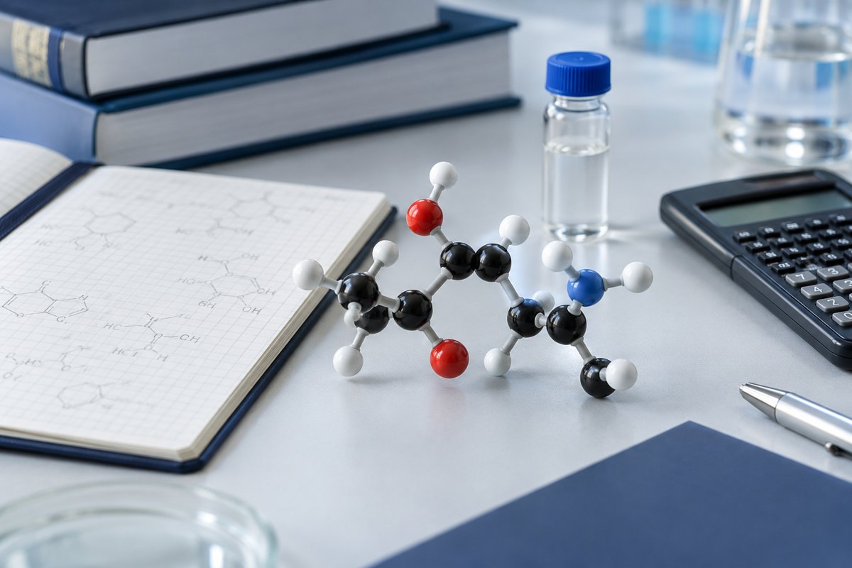 Editorial illustration: a molecular teaching model beside chemical reference notes, a sample vial and calculator.