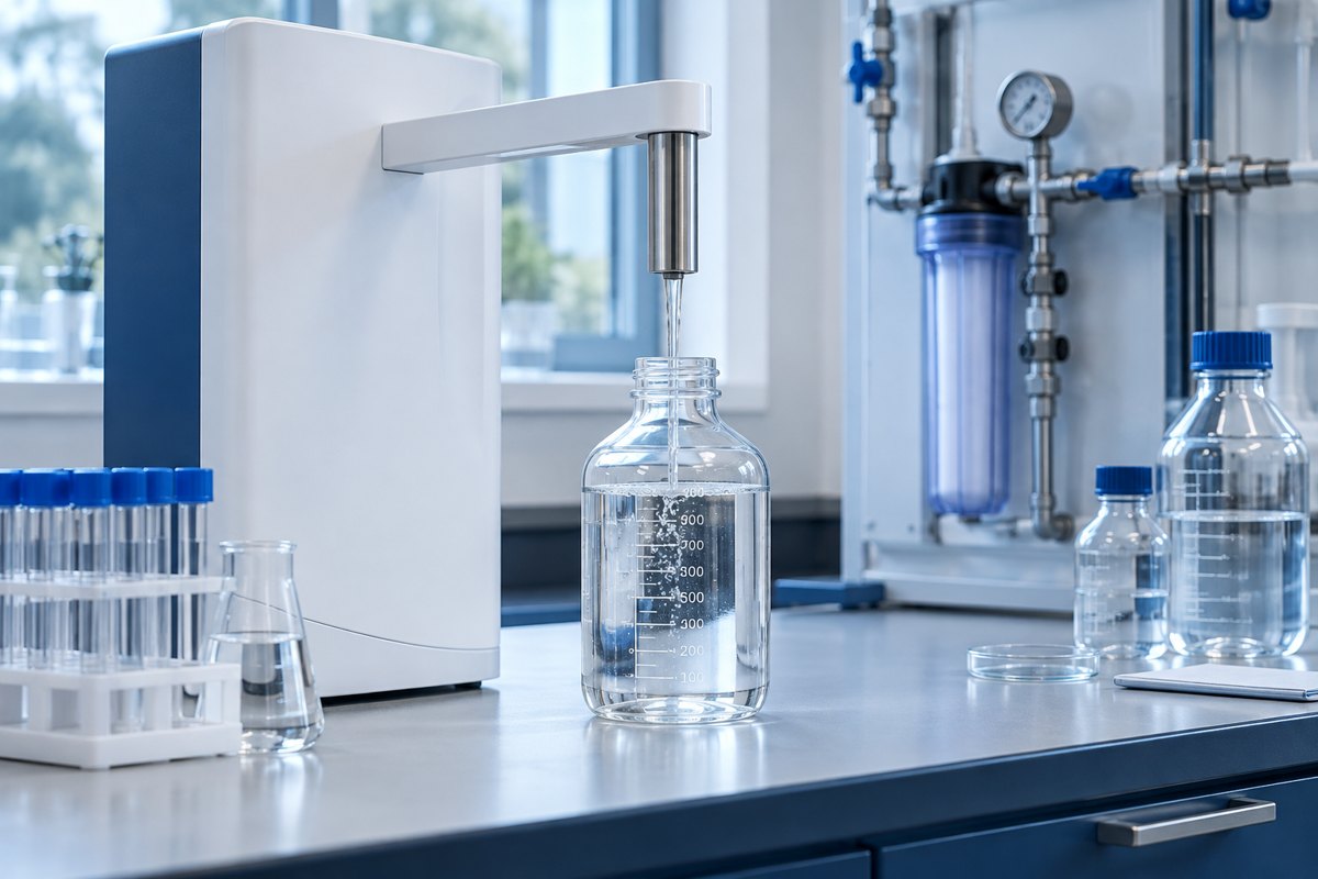 Editorial illustration: a laboratory water dispenser above a clear glass bottle on a clean bench.