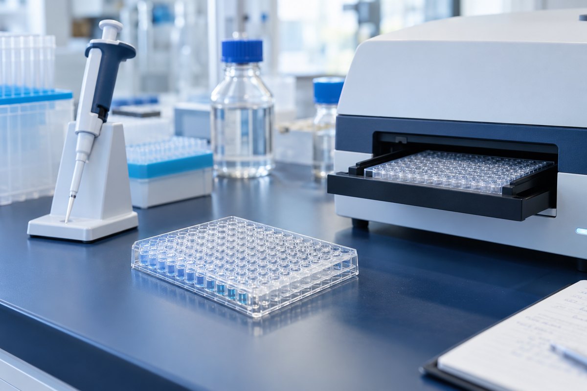 Editorial illustration: a clear microplate beside a plate reader and a laboratory micropipette.
