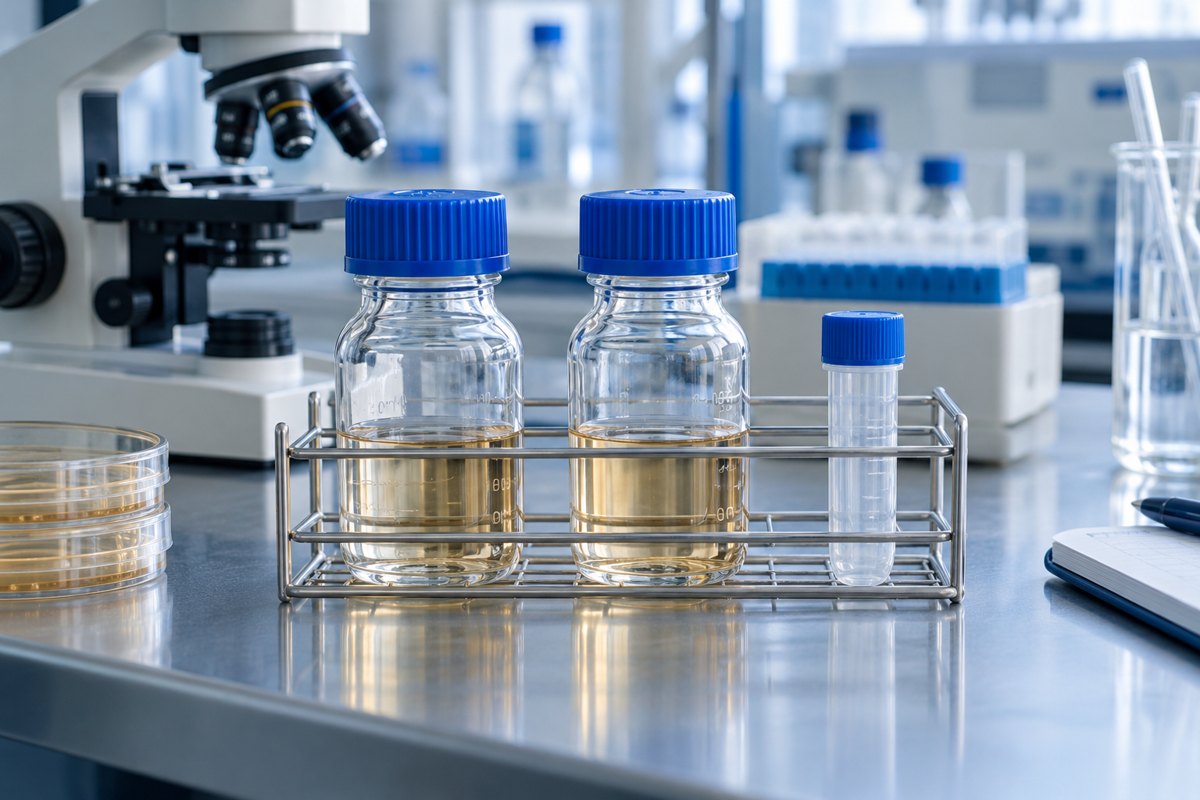 Editorial illustration: closed glass culture vessels and a capped sample vial in a laboratory rack.