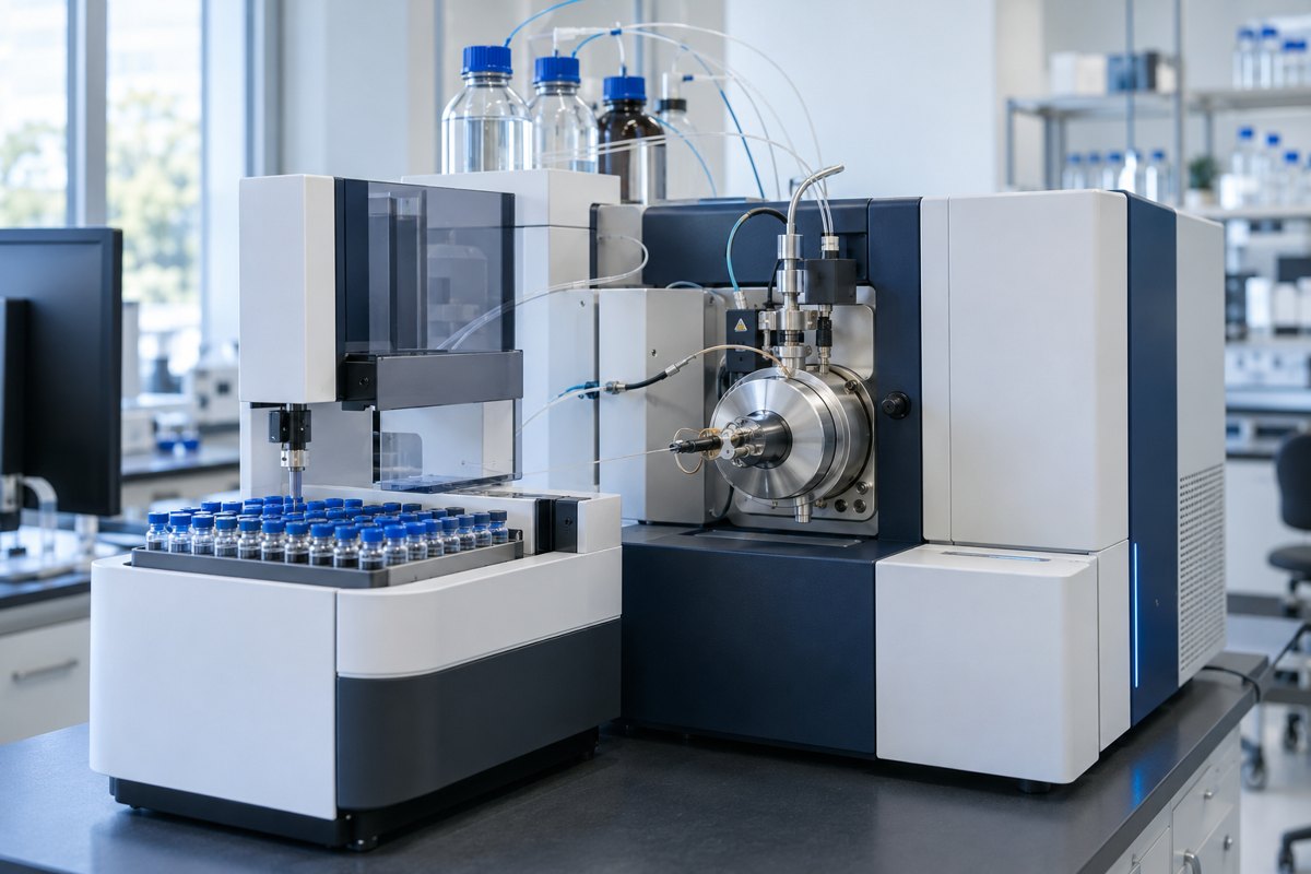 Editorial illustration: mass-spectrometry equipment with an autosampler tray and sample vials.