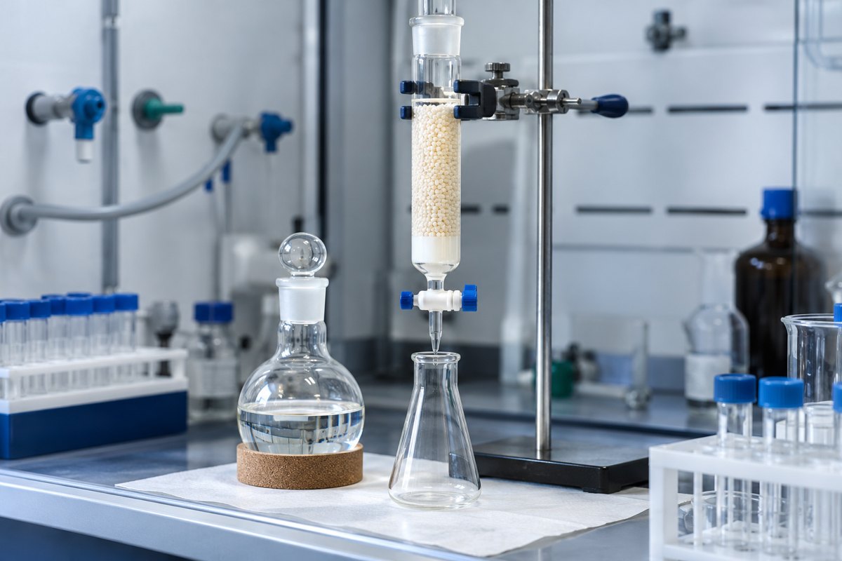 Editorial illustration: a glass column containing pale resin beside laboratory flasks in a fume hood.
