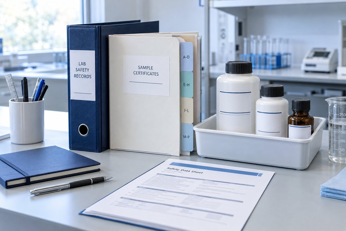 Editorial illustration: tabbed laboratory folders beside plain sample bottles in a containment tray.