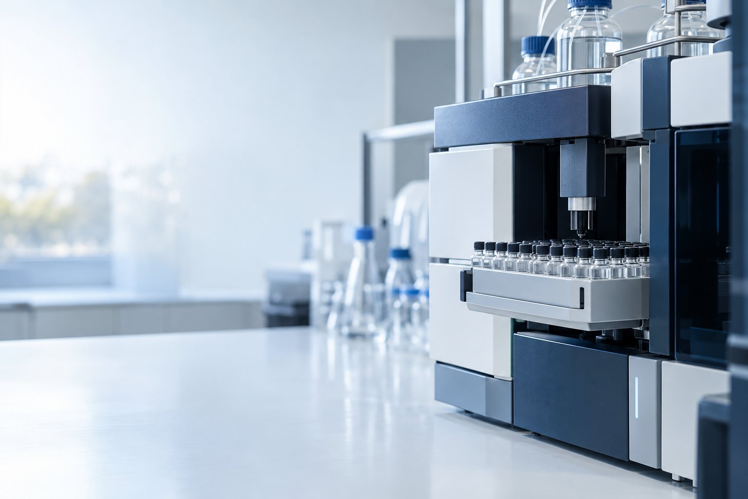 Illustrative analytical laboratory with chromatography equipment and plain sample vials